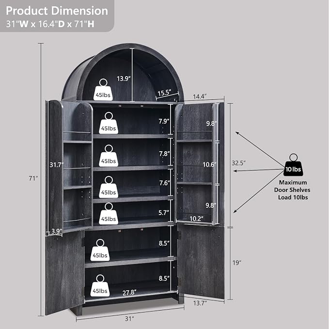 71" Tall Arched Bathroom Storage Cabinet, Modern Fluted Storage Cabinet w/Doors - Image 2