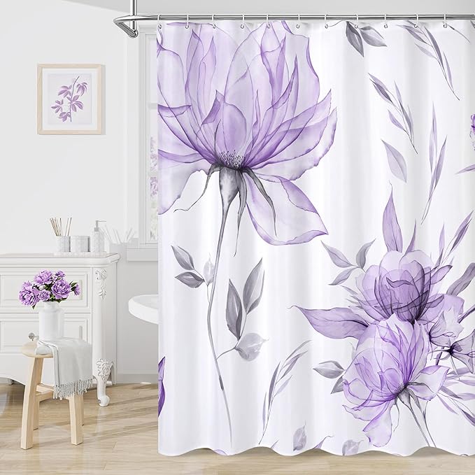 Purple and Grey Boho Watercolor Floral Shower Curtain, Ink Painting Style by Decorateyourhome