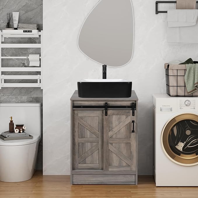 24 inch Barn Door Bathroom Vanity, Farmhouse Style Standing Pedestal Cabinet by Solidee