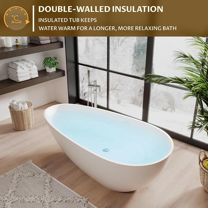 67 in Solid Surface Freestanding Bathtub, Contemporary Oval Shape Soaking Tub - Image 4