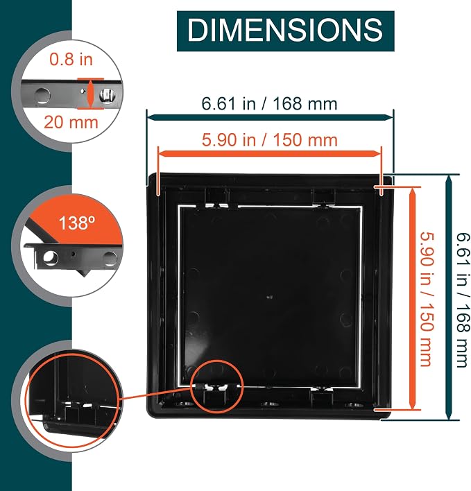 6" x 6" Black Plastic Access Panel. Service Shaft Door Panel. Plumbing - Image 2