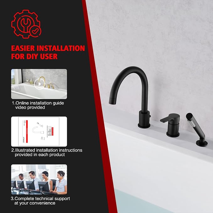 SUMERAIN Matte Black Roman Tub Faucet 3 Holes Deck Mount Bathtub Faucet - Image 9