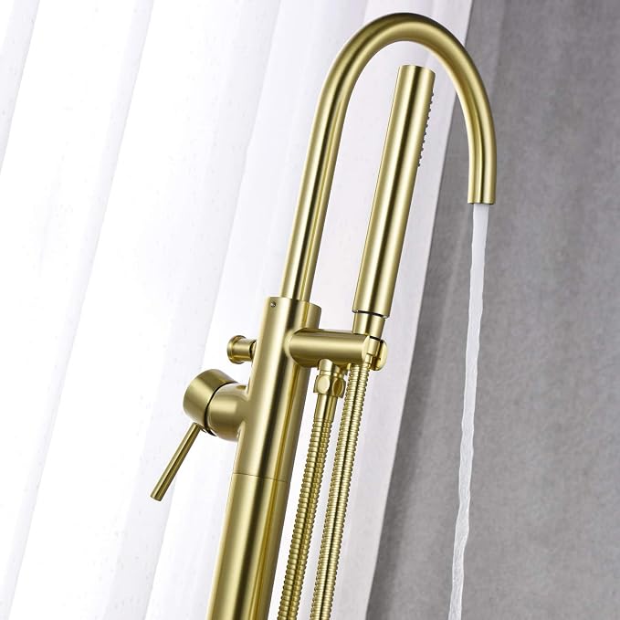 Freestanding Bathtub Faucet Tub Filler Brushed Gold Single Handle Floor Mounted - Image 4