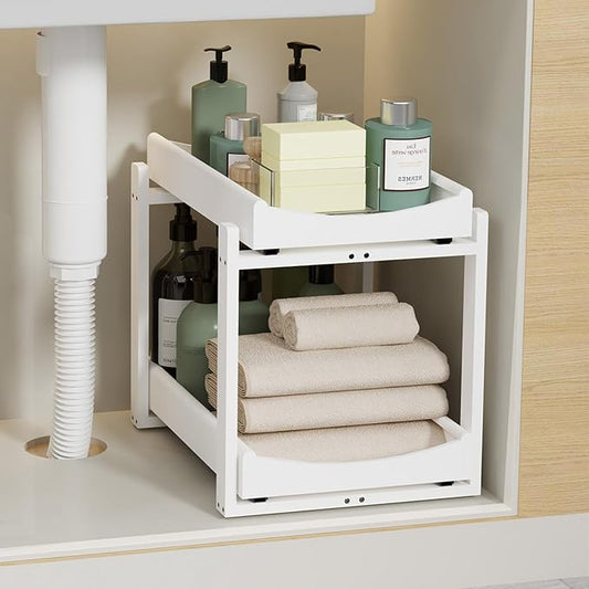 Bamboo Under Sink Organizer Adjustable Height 2 Tier Bathroom Organizer Pull by Unknown