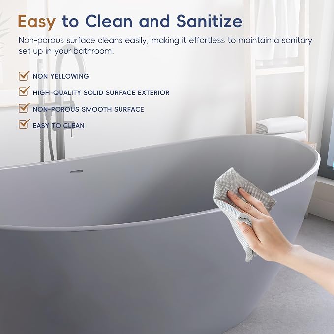 SJ STAR&JANE 65" Solid Surface Freestanding Bathtub Stone Resin Soaking Tub - Image 7