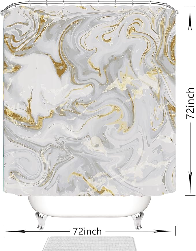 Domoku Grey Gold Marble Shower Curtain, Waterproof Texture Washable Fabric - Image 2