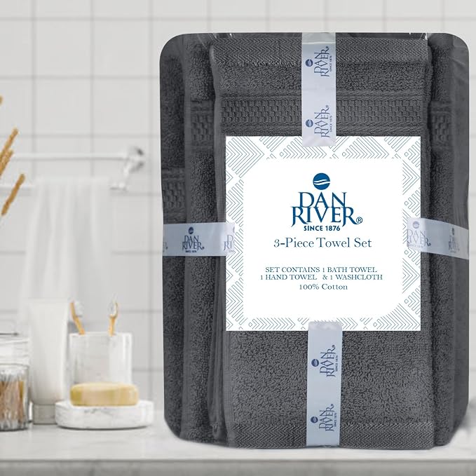 DAN RIVER 100% Ring Spun Cotton 3-Piece Towel Set, Dark Gray, Bath Towel - Image 2