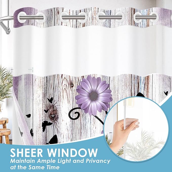 No Hook Purple Flower Shower Curtain - Image 4