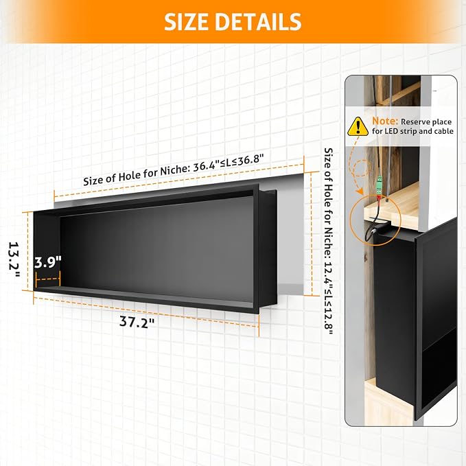WICHEMI Stainless Steel Shower Niche 36" X 12", No Tile Needed Wall Niche - Image 2