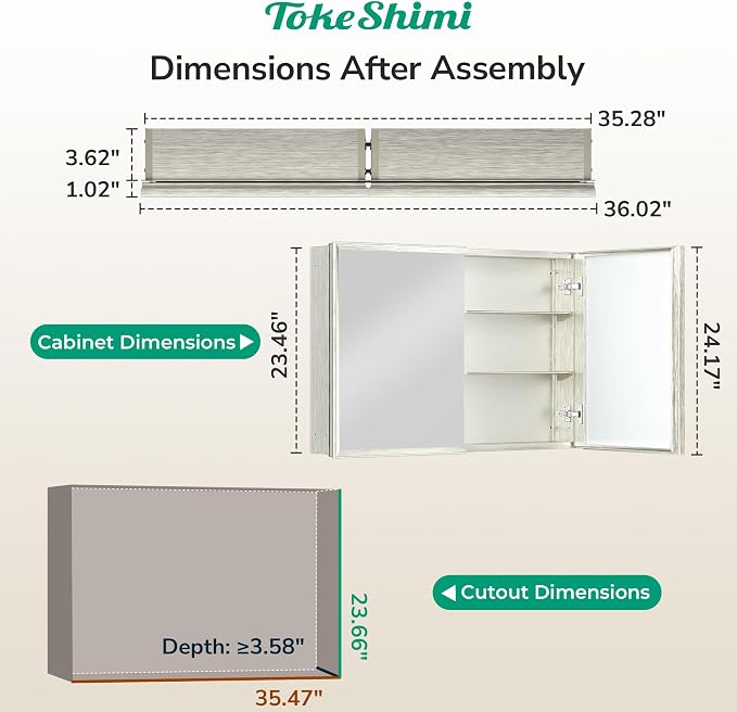 TokeShimi 36 x 24 Nickel Recessed Medicine Cabinet, Assembly Required, Bathroom - Image 2