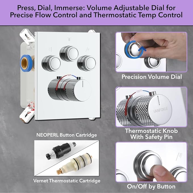VANFOXLE Temperature Shower Faucet Set Chrome Shower System, Push Button - Image 3