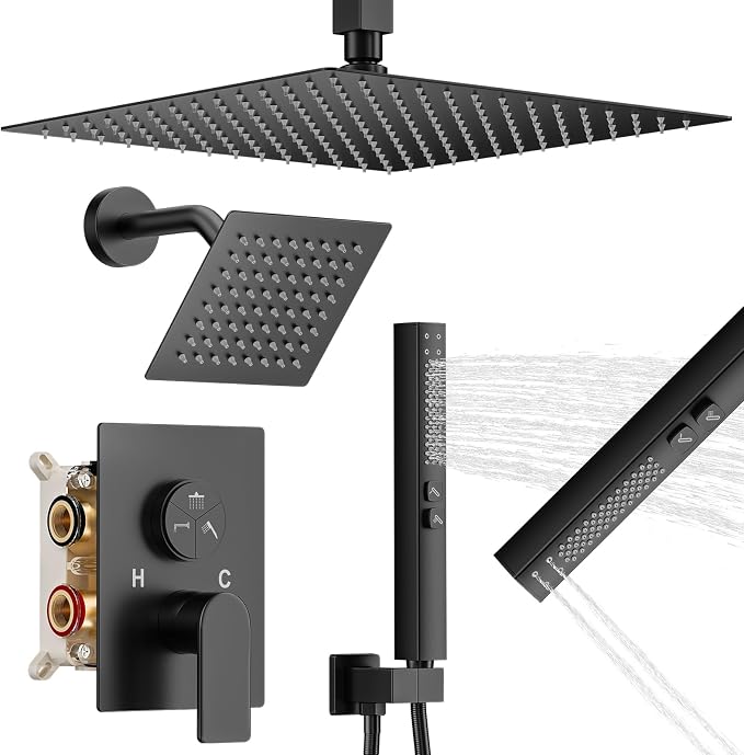 Shower Faucet Set, 3-Setting Push Button Matte Black Shower System, 12 Inch by Unknown