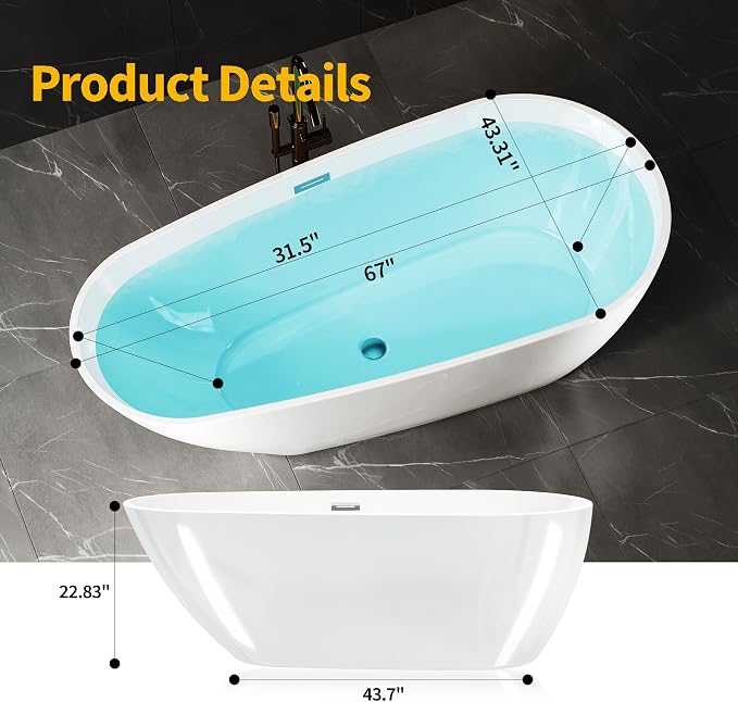 Bathtub with Upturned Ends, CUPC Chrome Drain and Overflow, Built-in Overflow - Image 3