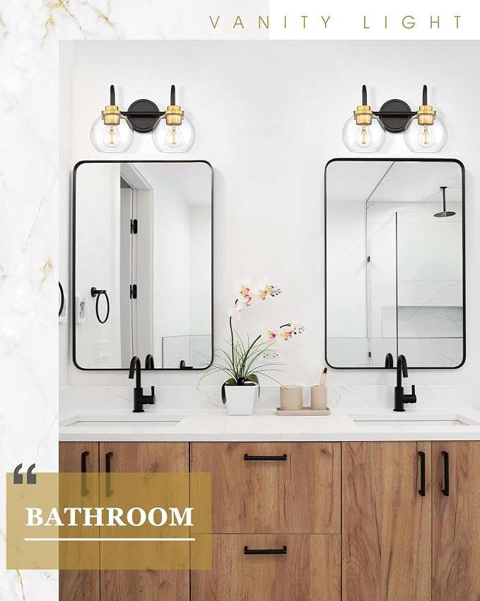 Bathroom Light Fixtures, 2-Light Black and Gold Vanity Lights - Image 6