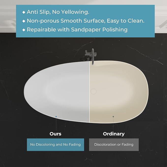 Premium 67'' Solid Surface Freestanding Bathtub, Upgraded Oval Shape Stone - Image 7
