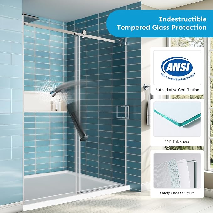 56-60"Wx72"H Frameless Reversible Single Sliding Shower Door, 1/4" Clear SGCC - Image 3