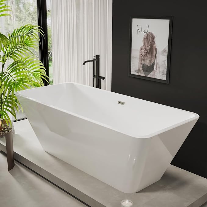 59" Freestanding Bathtub, Acrylic Soaking Tub, Chrome Overflow & Drain - Image 6