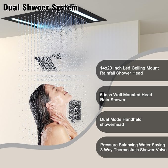 Rain Shower Head System with 14x20 Inch Ceiling Mount LED Head & 6 Inch Wall - Image 5