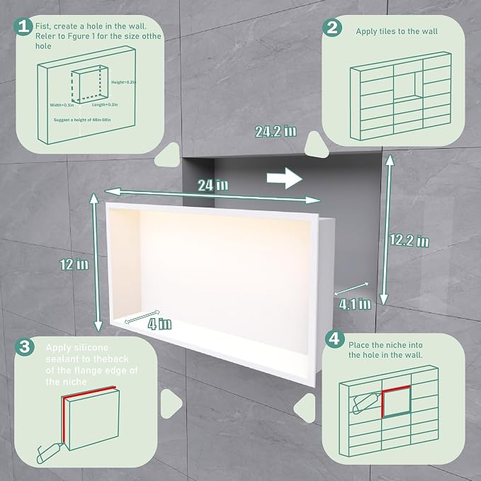 24"x12" Lighted Shower Niche ，Stainless Steel Waterproof Shower Storage - Image 2