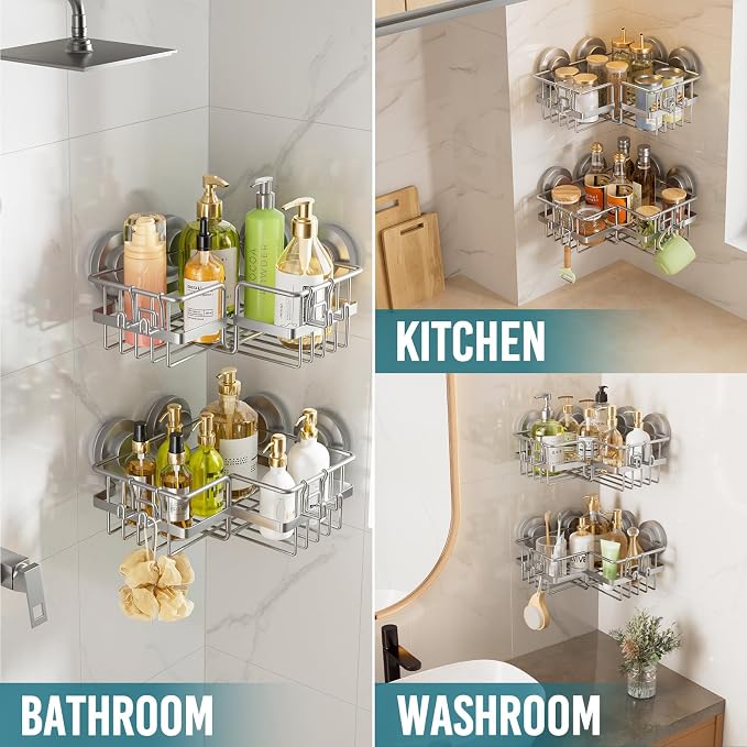 TAILI Corner-adaptive Suction Cup Shower Caddy 2 Pack, Stainless Steel - Image 6