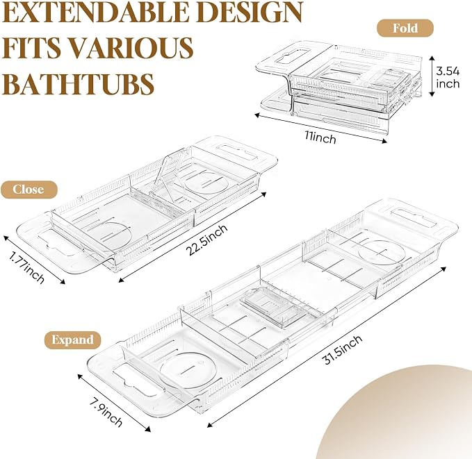 Expandable Clear Acrylic Bathtub Tray Caddy, Foldable Tub Bath Tray - Image 3