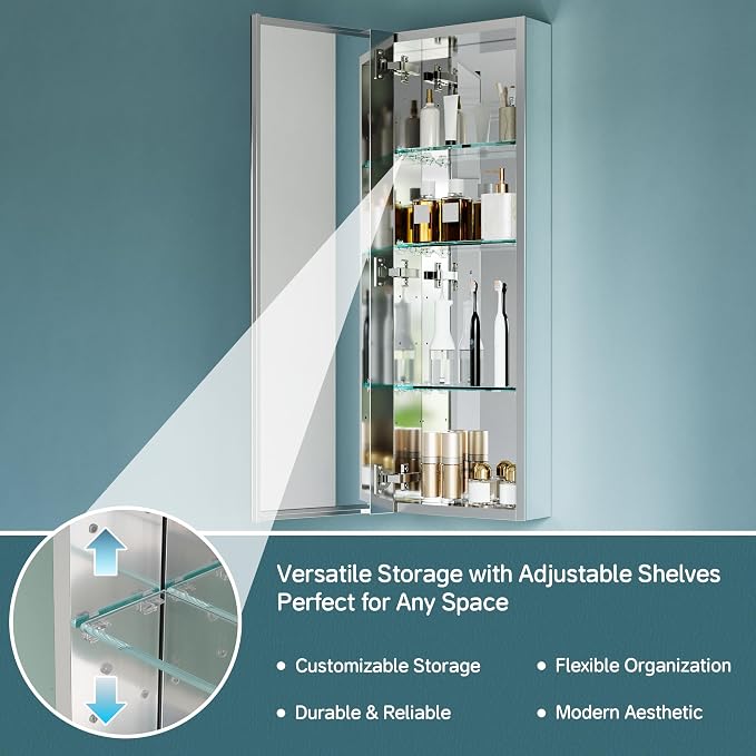 12"x36" Recessed Medicine Cabinet Mirror, Aluminum Silver Medicine Cabinet - Image 4