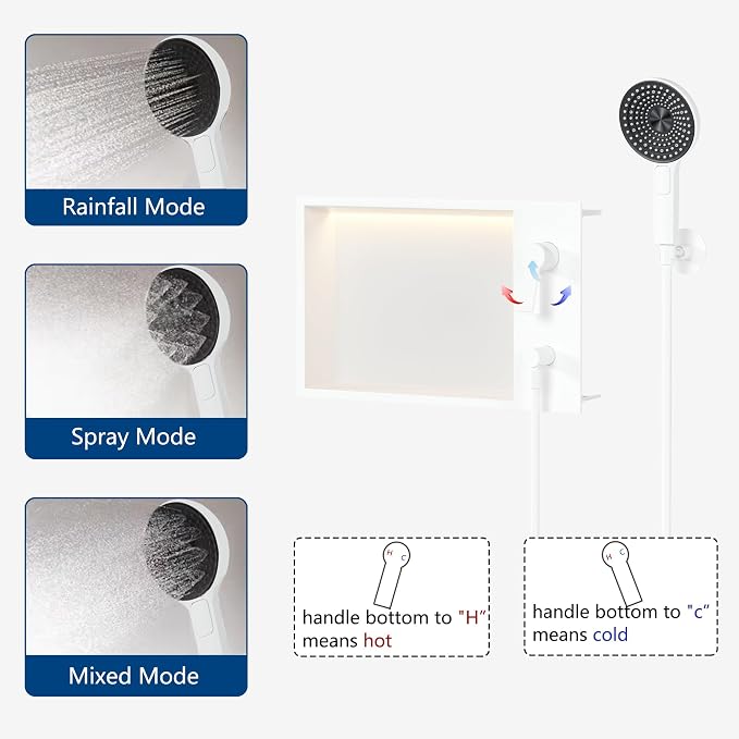 Shower Niche with Round Hand Shower, and LED Light in Matte White/Horizontal - Image 5