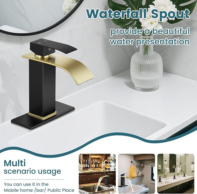 Bathroom Faucets Matte Black and Gold Waterfall Bathroom Sink Faucet Modern - Image 4