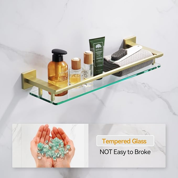 LANC Gold Bathroom Shelf Glass Shelves 20-Inch Floating Tempered Glass Shelf - Image 8