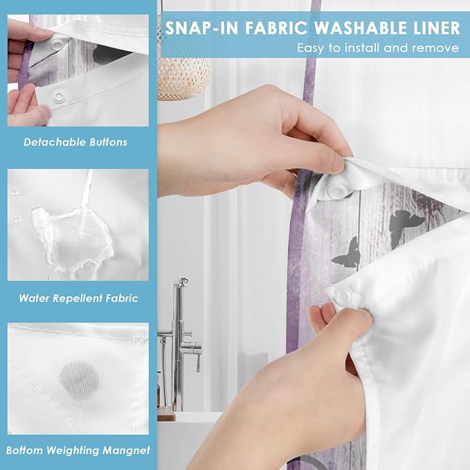 No Hook Purple Flower Shower Curtain - Image 3