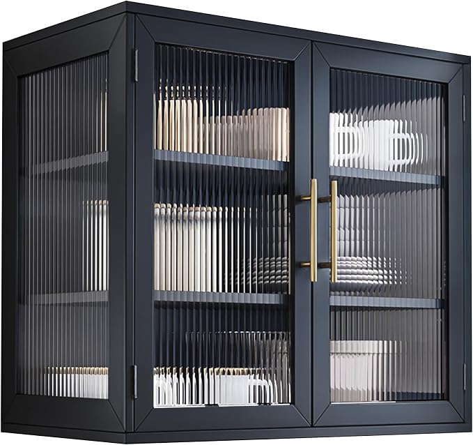 Black Glass Display Wall Storage Cabinet, Wall-Mounted Bathroom Cabinet by NEWOWNDS