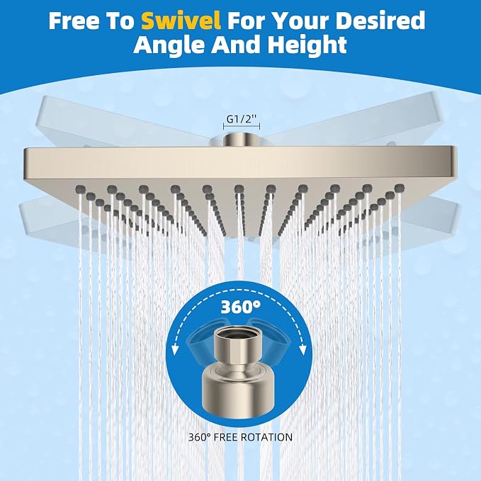 Hibbent Thickness Metal Rain Shower Head, 8 Inch High Pressure Rainfall Shower - Image 4