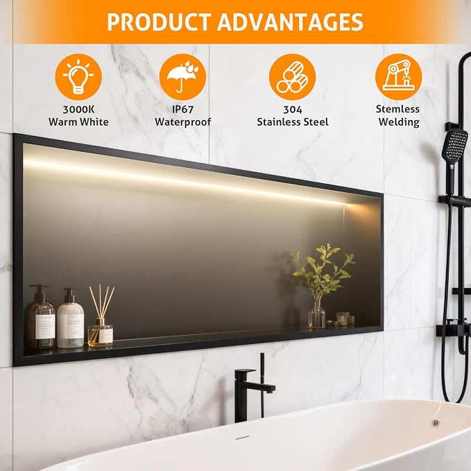 WICHEMI Stainless Steel Shower Niche 36" X 12", No Tile Needed Wall Niche - Image 4