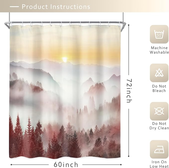 Riyidecor Misty Mountain Shower Curtain 60Wx72H Inch Red Sunrise Nature Scenery - Image 5