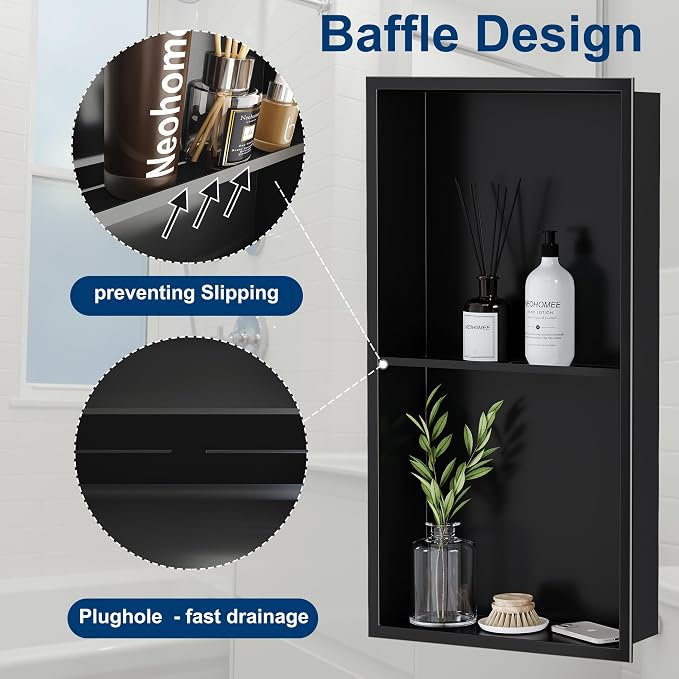 Neodrain No Tile Shower Niche, Stainless Steel Wall Niche 13.1"X25.1", Two-Tier - Image 4