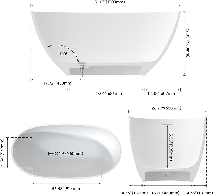 51" Stone Resin Freestanding Bathtub, Modern Oval Solid Surface Soaking Tub - Image 4