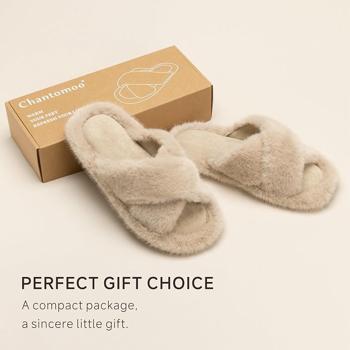 Chantomoo Womens Slippers Memory Foam Fuzzy Cross Band Faux Fur Slippers - Image 5