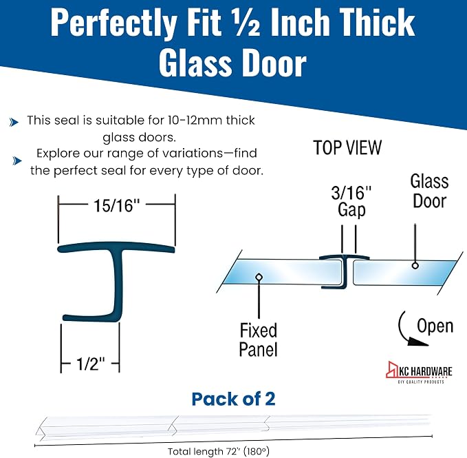 Frameless Shower Door Side Seal Strip H-Type 180 Degree 72'' Length - Image 3