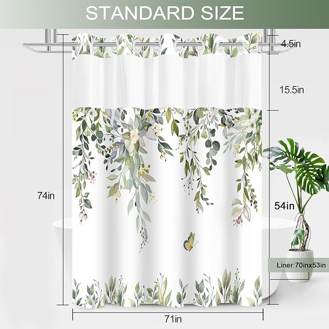 No Hook Shower Curtain and Liner Set, Sage Green Eucalyptus Floral Shower - Image 7
