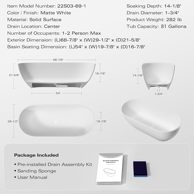 Abruzzo 69" Free Standing Solid Surface Resin Stone Bathtub, Contemporary Oval - Image 5
