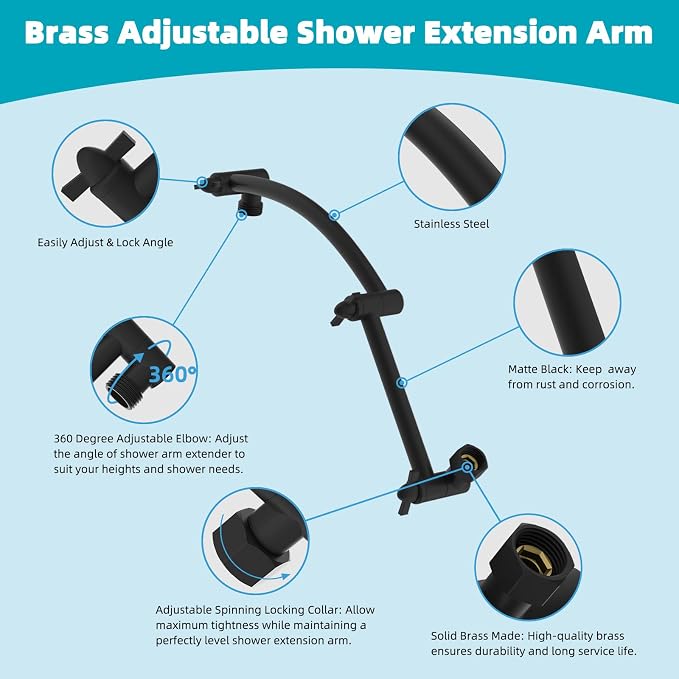 Hibbent Rain Shower Head, Solid Brass Adjustable Shower Arm Extender, Waterfall - Image 5