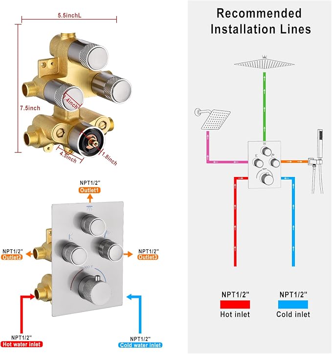 Modern Push Button 3 Way Thermostatic Shower Valve, Concealed 3 Outlet Multi - Image 6