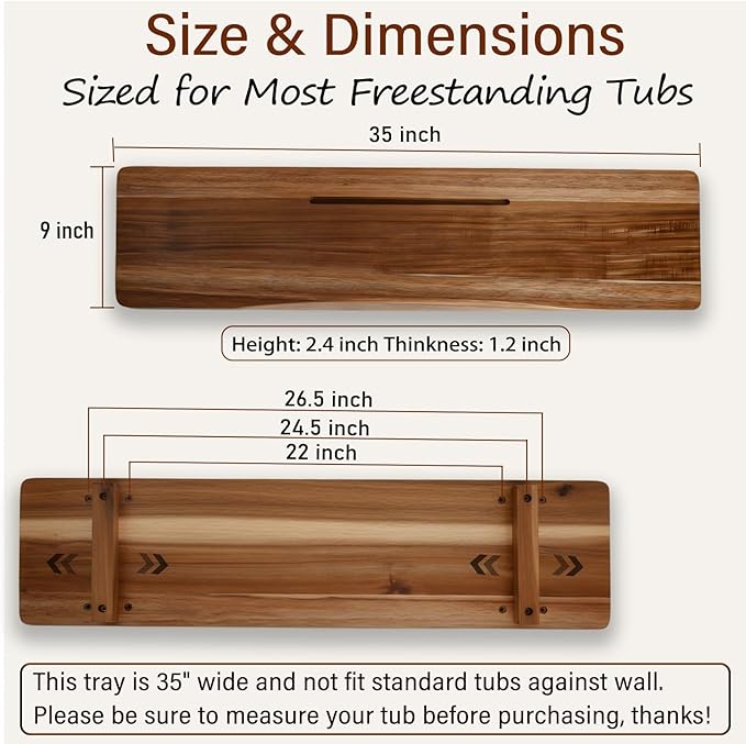 Acacia Wood Bathtub Tray Caddy for Freestanding Tub, 35 Inch Adjustable Bath - Image 2