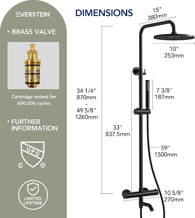 Exposed Shower System with Tub Spout, EVERSTEIN 10 inch High Pressure Shower - Image 4