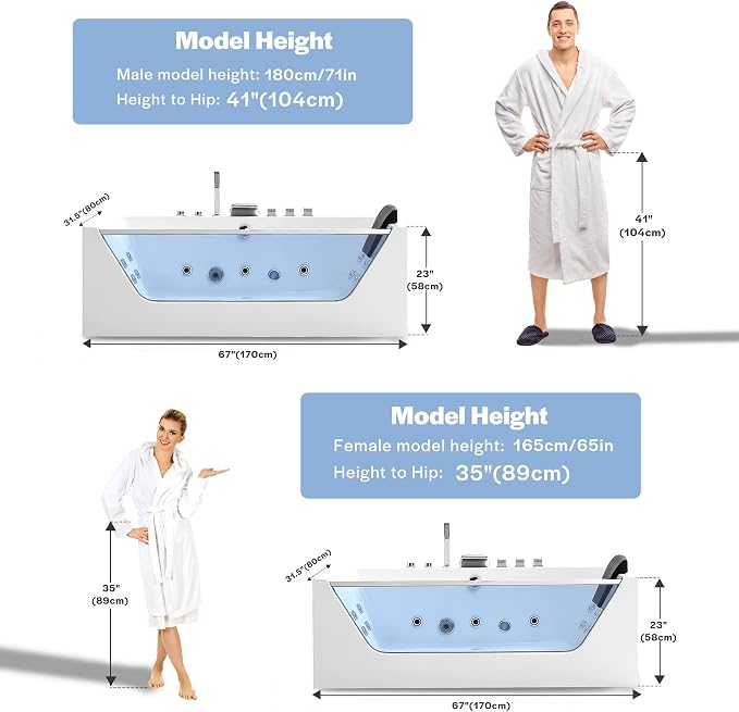 Empava 67" x 30" Whirlpool Tub, 750W Acrylic Jetted Bathtub - Image 4