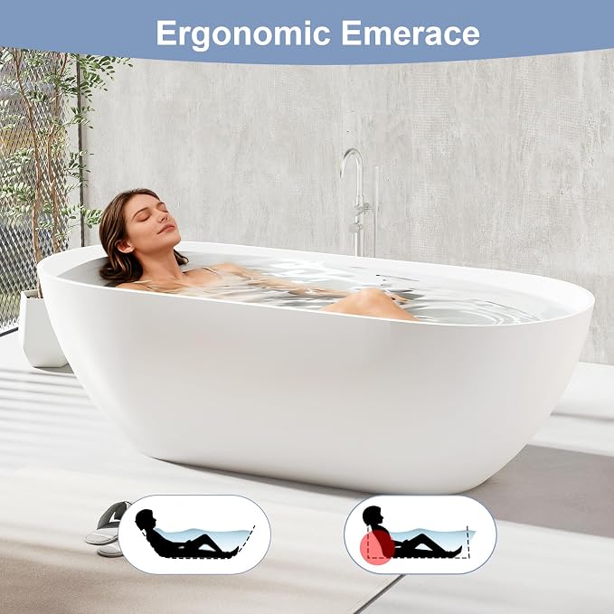 63 Inch Solid Surface Freestanding Bathtub, Oval Shaped Soaking Stone Resin - Image 3