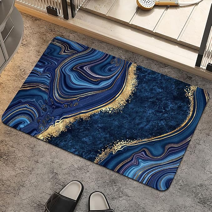 Bath Mat Rug, Dark Blue Gold marbleNon Slip Quick Dry Super Absorbent Thin by ZHUZHISHAN