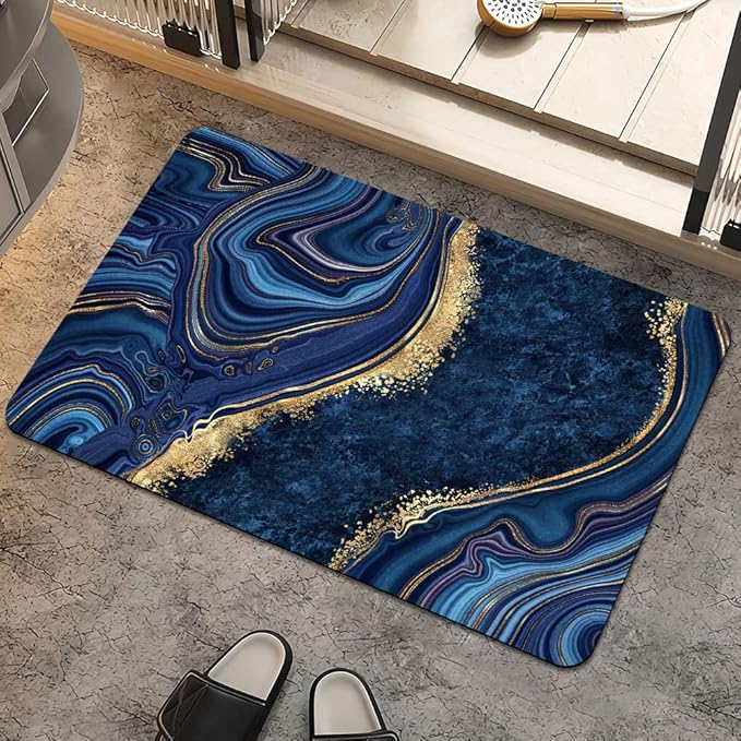 Bath Mat Rug, Dark Blue Gold marbleNon Slip Quick Dry Super Absorbent Thin by ZHUZHISHAN