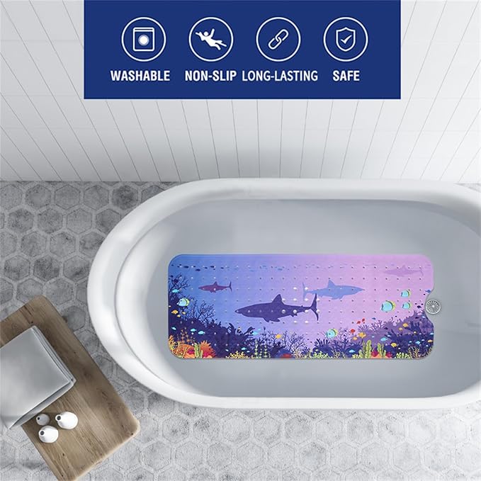 Blue Sea Bathtub Mat Non Slip for Kids 40x16in Extra Long Shark Ocean Whale - Image 2