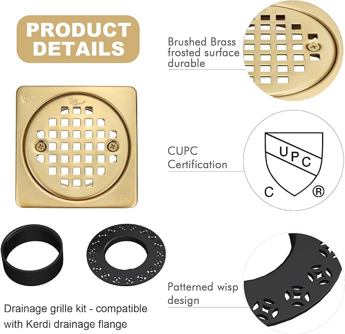 4” Shower Floor Drain Grate Kit Brushed Brass - Image 4